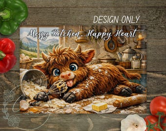 Highland Cow Cutting Board PNG – Funny Farmhouse Rustic Sublimation Glass Kitchen Decor, Digital Download