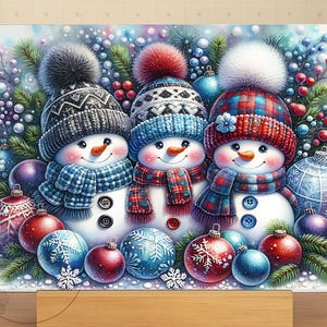 May include: A festive winter scene featuring three snowmen wearing patterned hats and scarves. Each snowman has a carrot nose, button eyes, and a smiling mouth. Colorful Christmas ornaments and evergreen branches surround the snowmen, creating a cheerful holiday display.