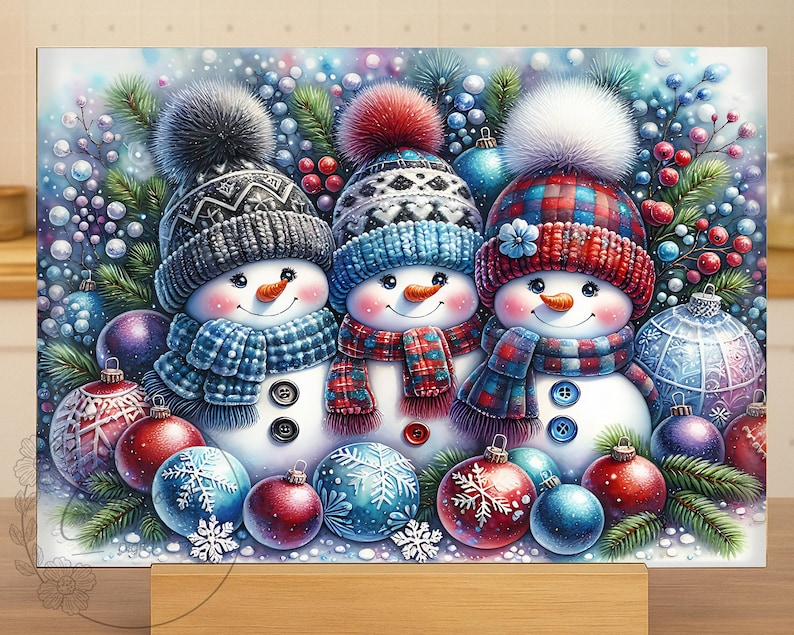 May include: A festive winter scene featuring three snowmen wearing patterned hats and scarves. Each snowman has a carrot nose, button eyes, and a smiling mouth. Colorful Christmas ornaments and evergreen branches surround the snowmen, creating a cheerful holiday display.