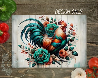 Diseño de sublimación de tabla de cortar de gallo rústico: PNG floral de animal de granja (descarga digital)