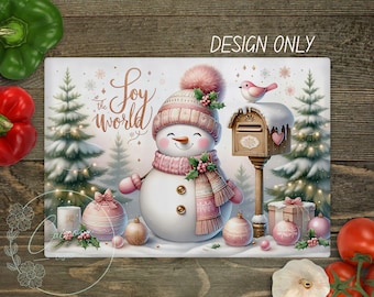 May include: A whimsical illustration features a snowman wearing a pink hat, scarf, and mittens, standing near a mailbox and Christmas tree. The phrase "Joy to the World" is written in elegant script. Pink and gold ornaments and a small bird complete the festive scene.