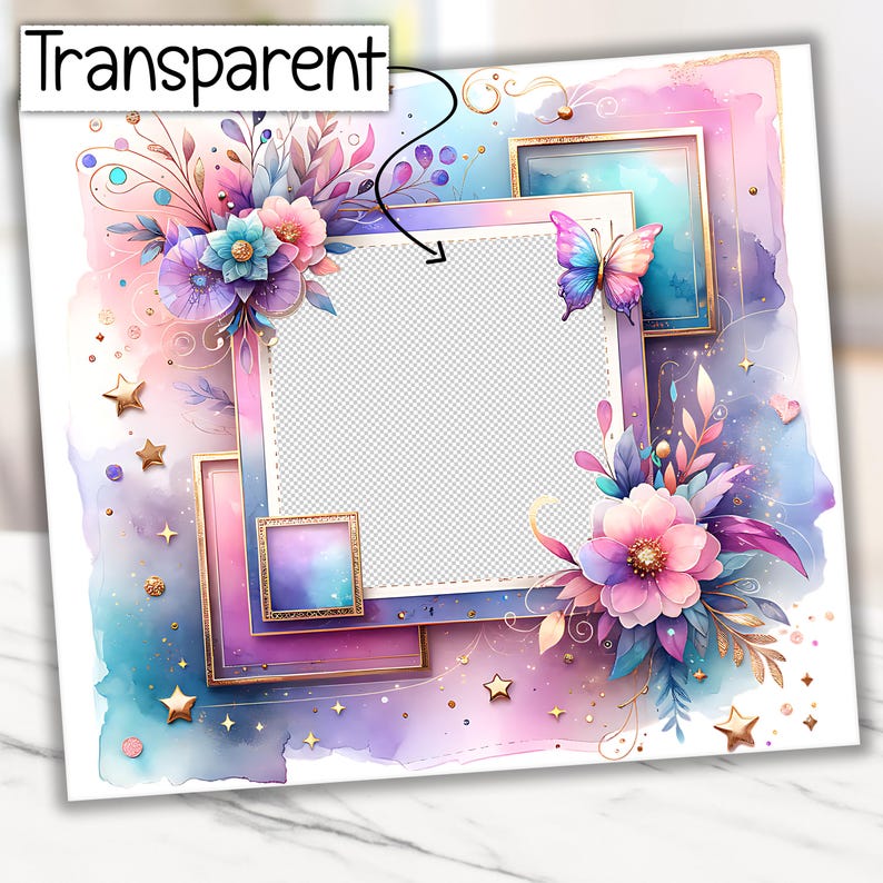 May include: A watercolor-style digital frame with a transparent center, decorated with gold accents, flowers, and a butterfly. The frame has a pink, purple, and blue color scheme with gold stars scattered throughout.