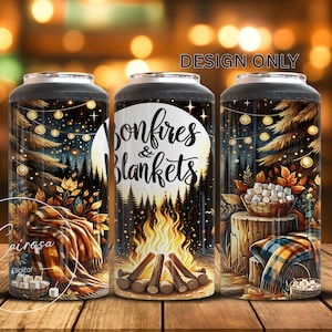 May include: Three insulated drink holders with a fall theme. The design includes a bonfire, blankets, and the text "Bonfires & Blankets". The holders feature a dark background with forest and leaf details, and a basket of marshmallows.