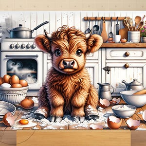 May include: A digital art print featuring a fluffy brown Highland calf in a kitchen setting. The calf sits amidst flour, eggs, and bowls. A stove, cabinets, and kitchen utensils are in the background. The artwork has a whimsical, rustic theme.