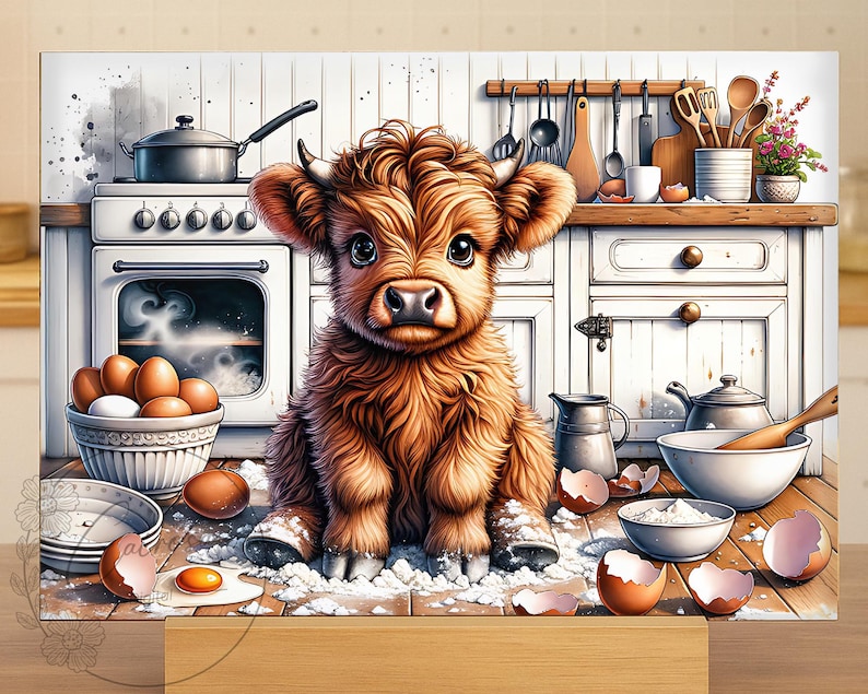 May include: A digital art print featuring a fluffy brown Highland calf in a kitchen setting. The calf sits amidst flour, eggs, and bowls. A stove, cabinets, and kitchen utensils are in the background. The artwork has a whimsical, rustic theme.