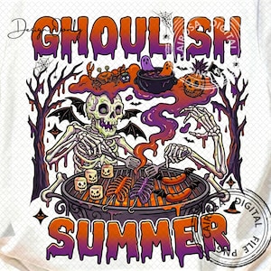 May include: A graphic illustration featuring a skeleton grilling marshmallows, ribs, and sausages on a barbecue. The text GHOULISH SUMMER is written in a dripping purple and orange font. The scene includes a cauldron, a crab, and trees.