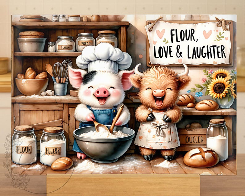 Funny Pig and Highland Cow Baking PNG, Farmhouse Kitchen Decor (digital ...