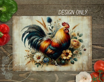 Diseño de sublimación de tabla de cortar con diseño floral de gallo rústico (descarga digital)
