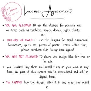 May include: A white background with the text "License Agreement" in a cursive font. The text outlines the terms of use for designs, including personal and small commercial use, and restrictions on sharing or reselling the designs.