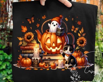 Floral Fall Ghost PNG: Vintage Halloween Pumpkin Design (Digital Download)