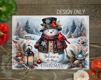Rustic Snowman Christmas Cutting Board PNG: Red Plaid Farmhouse (Digital Download)