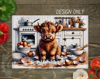 Funny Highland Cow Cutting Board PNG | Baby Cow Rustic Chopping Board Sublimation | Farmhouse Kitchen Glass Board Design | Digital Download