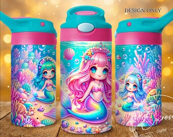 Envoltura de vaso infantil de sirena PNG: Sublimación de vida marina (descarga digital)