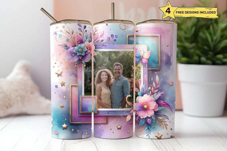 May include: Three stainless steel tumblers with a watercolor floral design and a photo frame with a couple's picture. The tumblers have gold accents and glitter.