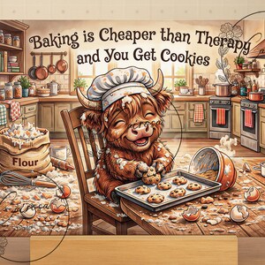 May include: An illustrated image shows a Highland cow in a chef's hat baking cookies in a kitchen. The text says, "Baking is cheaper than therapy and you get cookies." Flour, eggs, and baking utensils are scattered around.