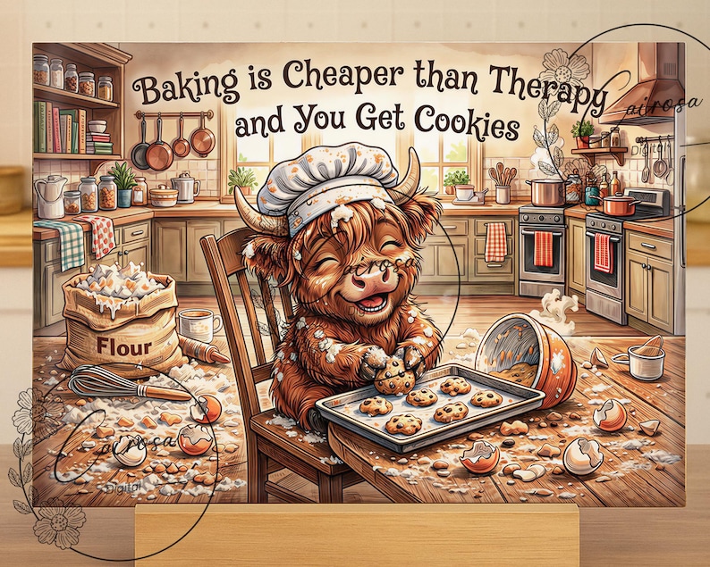 May include: An illustrated image shows a Highland cow in a chef's hat baking cookies in a kitchen. The text says, "Baking is cheaper than therapy and you get cookies." Flour, eggs, and baking utensils are scattered around.