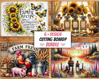 Puede incluir: Un conjunto de seis tablas de cortar decorativas con varios diseños. Una tabla presenta girasoles, mariposas y el texto "Family Recipe". Otra muestra girasoles, frascos con "Live, Laugh, Love" y calabazas. Otras tablas representan escenas de granja y una puesta de sol junto al lago.