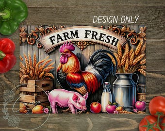 Farm Fresh Cutting Board PNG Design: Pig, Chicken, Rooster (Digital Download)