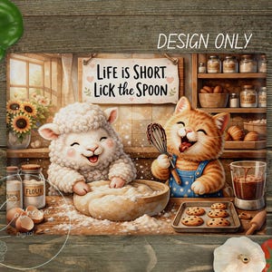 Op de afbeelding: Een grillige illustratie toont een schaap en een kat die samen bakken. Het schaap mengt deeg, terwijl de kat ingrediënten klopt. De scène bevat een plank met potten, koekjes en de tekst "Life is Short, Lick the Spoon."