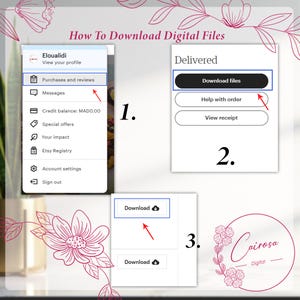 May include: A step-by-step guide on how to download digital files from Etsy. The image shows a screenshot of the Etsy website with instructions numbered 1, 2, and 3. The instructions show how to access the purchase history, click the "Download files" button, and then click the "Download" button to download the files.