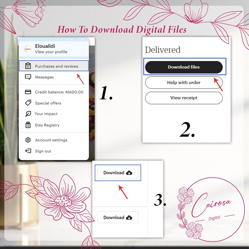 May include: A step-by-step guide on how to download digital files from Etsy. The image shows a screenshot of the Etsy website with instructions numbered 1, 2, and 3. The instructions show how to access the purchase history, click the "Download files" button, and then click the "Download" button to download the files.