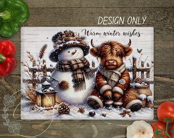 May include: A winter-themed illustration featuring a snowman and a Highland cow, both adorned in winter attire. The snowman wears a hat and scarf, while the cow is wrapped in a scarf and coat. The text "Warm winter wishes" is displayed on the image.