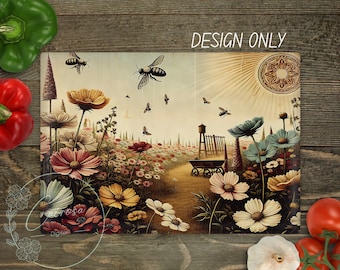 May include: A rectangular decorative panel featuring a vintage-style illustration of a flower field with bees. The artwork includes various flowers in shades of pink, yellow, and white, with a sun and the text "DESIGN ONLY".