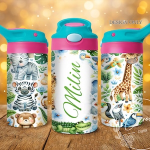 Safari Animals Cute Kids 12 oz Flip Top Tumbler Wrap Kids Butelka na wodę Sublimacja Design PNG Seamless Dodaj swoje imię Pobierz cyfrowo
