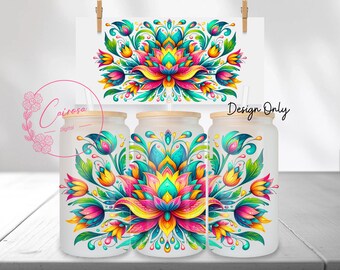 Mexican Flowers Glass Can Wrap: Sublimation Design (PNG Download)