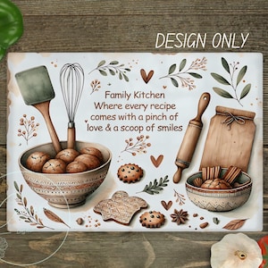 May include: A rectangular kitchen-themed art print with the text "Family Kitchen" and a quote. The print features illustrations of a bowl of cookies, a whisk, a rolling pin, and other baking-related items. The color palette includes brown, beige, and green.