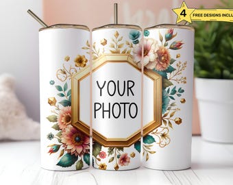Personalized Floral Tumbler Wrap: Photo Frame, Seamless Sublimation (Digital Download)