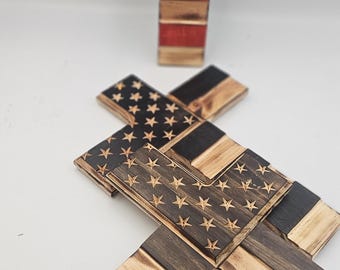 Patriotic Wooden American Flag Cross – Handcrafted & Customizable