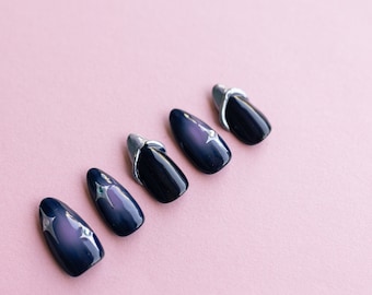 Celestial Press On Nails: Chrome French Tips + 3D Nail Art, Aura nails + Silver Stars