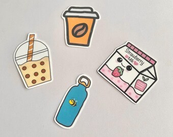 May include: Four stickers featuring different drinks and a water bottle. The stickers are on a light gray background. The drinks include a cup of coffee, a boba tea, a bottle of strawberry milk, and a blue water bottle with a bee on it.