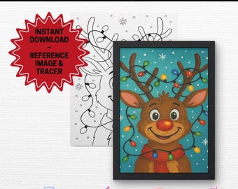 May include: A framed painting of a cartoon reindeer with a red nose, wearing a red scarf, and antlers adorned with colorful lights. A black and white outline of the reindeer is next to the painting. Text on the image says "Paint Party Templates".