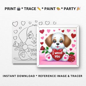 Amor de cachorro para San Valentín / Plantillas para fiestas de pintura / DIY para fiestas de pintura, kits de pintura / Pintar y beber / Imprimible, archivo digital