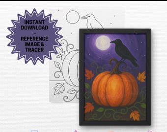 Puede incluir: Plantillas Paint Party de Ash & Alex Art Studio con un trazador en blanco y negro de un cuervo sobre una calabaza y una pintura de referencia a todo color de un cuervo negro posado en una calabaza naranja bajo una luna llena con hojas.