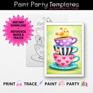 Puede incluir: Una obra de arte enmarcada que presenta una pila de tres tazas de té coloridas, cada una con un diseño único: lunares morados, rayas blancas y negras y corazones rosas. Un pájaro amarillo se posa sobre las tazas. Incluye el texto "Paint Party Templates".