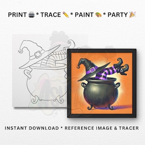 Puede incluir: Un caldero negro con las piernas y los pies de una bruja que sobresalen de la parte superior. La bruja lleva medias a rayas blancas y moradas y zapatos negros. El caldero está sobre un fondo naranja.