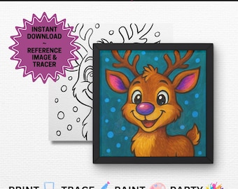 May include: A framed painting of a cartoon reindeer with a blue background and white polka dots. The reindeer has brown fur, pink ears, and a purple nose. The image also includes a black and white outline of a reindeer and text that says "Paint Party Templates".