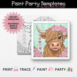 Può includere: Una stampa su tela quadrata con una mucca delle Highlands con una corona floreale e un naso a forma di cuore. L'immagine è in una cornice bianca, con un'immagine di riferimento e un modello di tracciatura. Il testo "Paint Party Templates" è in alto.