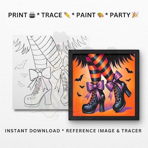 Puede incluir: Una página para colorear imprimible que presenta las piernas de una bruja con medias rayadas de color negro y naranja y botas negras con lazos. La imagen incluye murciélagos volando alrededor de las piernas. El texto "PRINT * TRACE * PAINT * PARTY" está en la parte superior de la página.