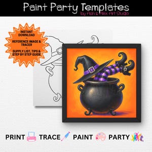 May include: Paint party templates by Ash & Alex Art Studio featuring a black cauldron with purple and black striped legs and a witch hat inside. The image includes a line art tracer, a reference image, and text reading Print, Trace, Paint, Party.