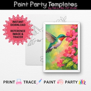 Puede incluir: Una imagen de Paint Party Templates con un colibrí y flores. La imagen incluye una pintura enmarcada de un colibrí cerca de flores rosas y un dibujo lineal de un colibrí. El texto incluye "Descarga instantánea" e "Imagen de referencia y trazador."
