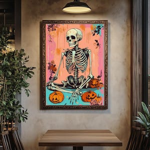 Scheletro seduto sul pavimento, decorazione murale, poster digitale di Halloween, decorazione scheletrica di Dark Academia, arte gotica vintage, poster di arte spettrale