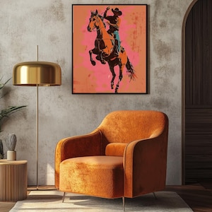 Stampa grafica Bucking Bronco, arte murale da cowboy, poster eclettico moderno, stampa artistica per la decorazione di stanze in stile western, vivace illustrazione massimalista di cavalli