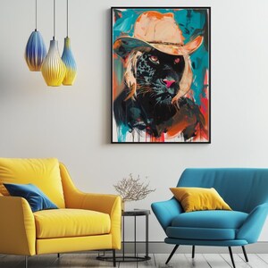 Arte murale con giaguaro cowboy massimalista - Stampa giaguaro audace, arredamento western, illustrazione di giaguaro, arte murale sud-occidentale, poster del selvaggio West