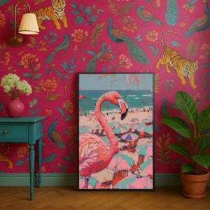 Pink Flamingo Beach Art Print: Retro Maximalist Home Decor (Digital Download)