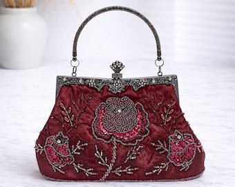 Vintage Beaded Evening Bag, Burgundy Embroidered Clutch Purse, Floral Antique Style Handbag