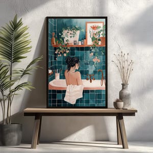 Maximalist Woman in Bathtub Wall Art - Relaxing Bath Print, Spa Bathroom Decor, Self-Care Poster, Elegant Minimalist Artwork Gift